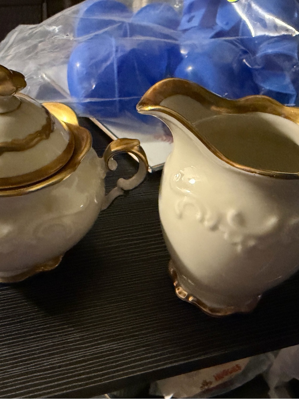 Vintage Porcelain Creamer and Sugar Bowl with Gold Trim
